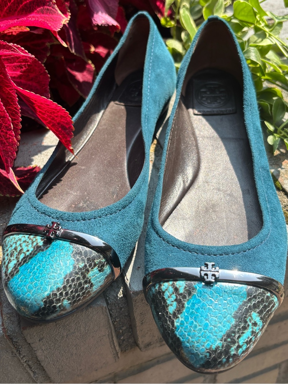 Tory Burch Teal Suede Pacey Driver Ballet Flats with Snakeskin Cap Toe